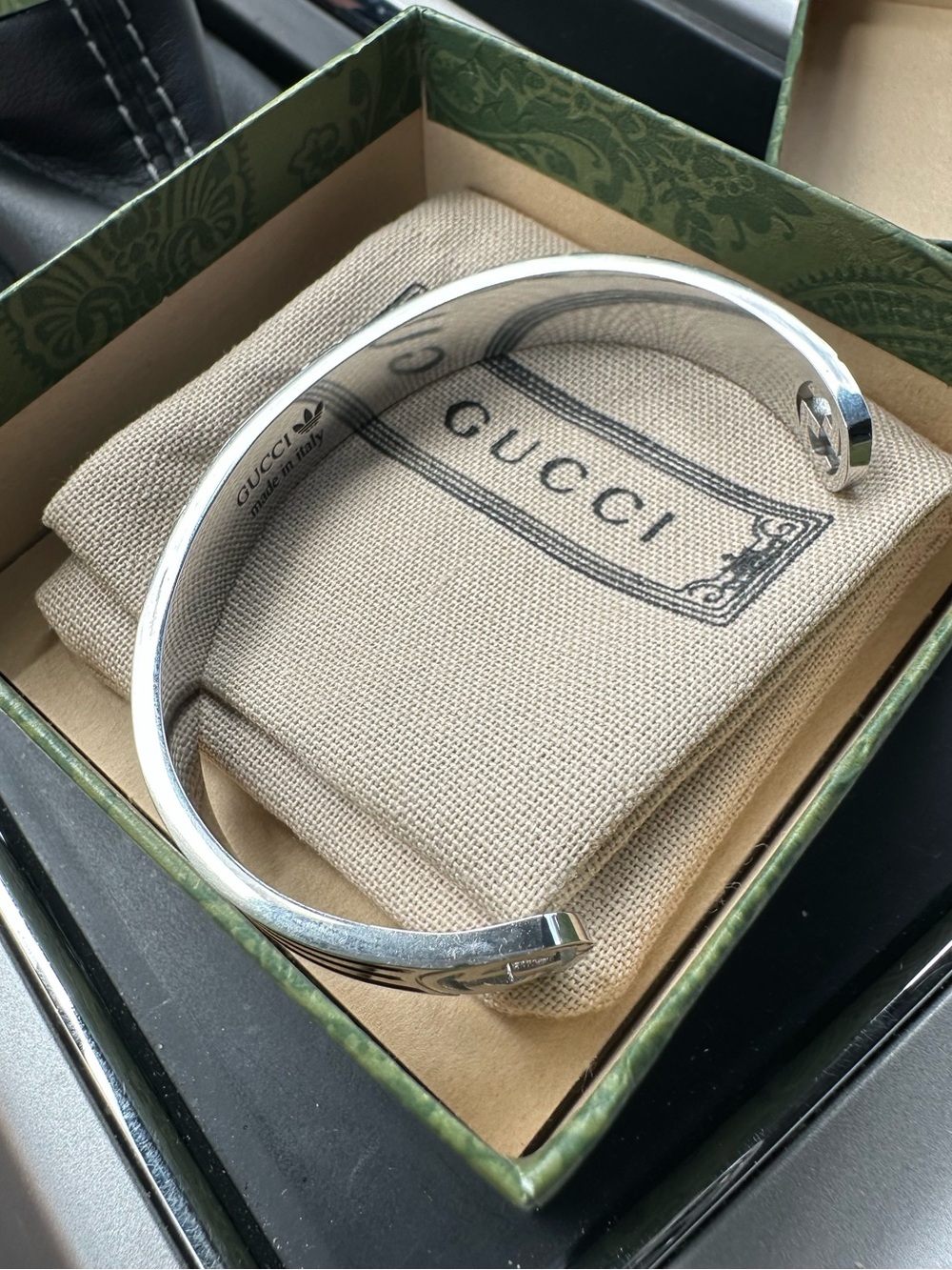 Gucci adidas Silver-Tone Trefoil Cutout Cuff Bracelet with Black Accents - Picture 4 of 5